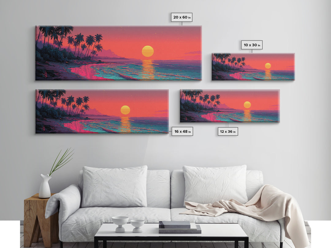 Neon Tropical Beach Sunset With Palms Wall Art, Coastal Decor, Pink Ocean Landscape, Retro Panoramic Summer Canvas Print