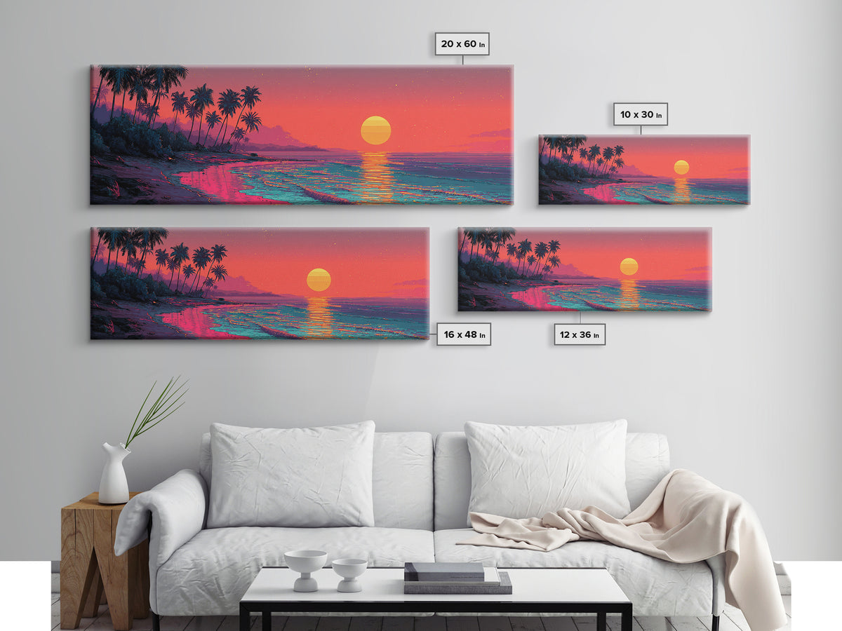 Neon Tropical Beach Sunset With Palms Wall Art, Coastal Decor, Pink Ocean Landscape, Retro Panoramic Summer Canvas Print