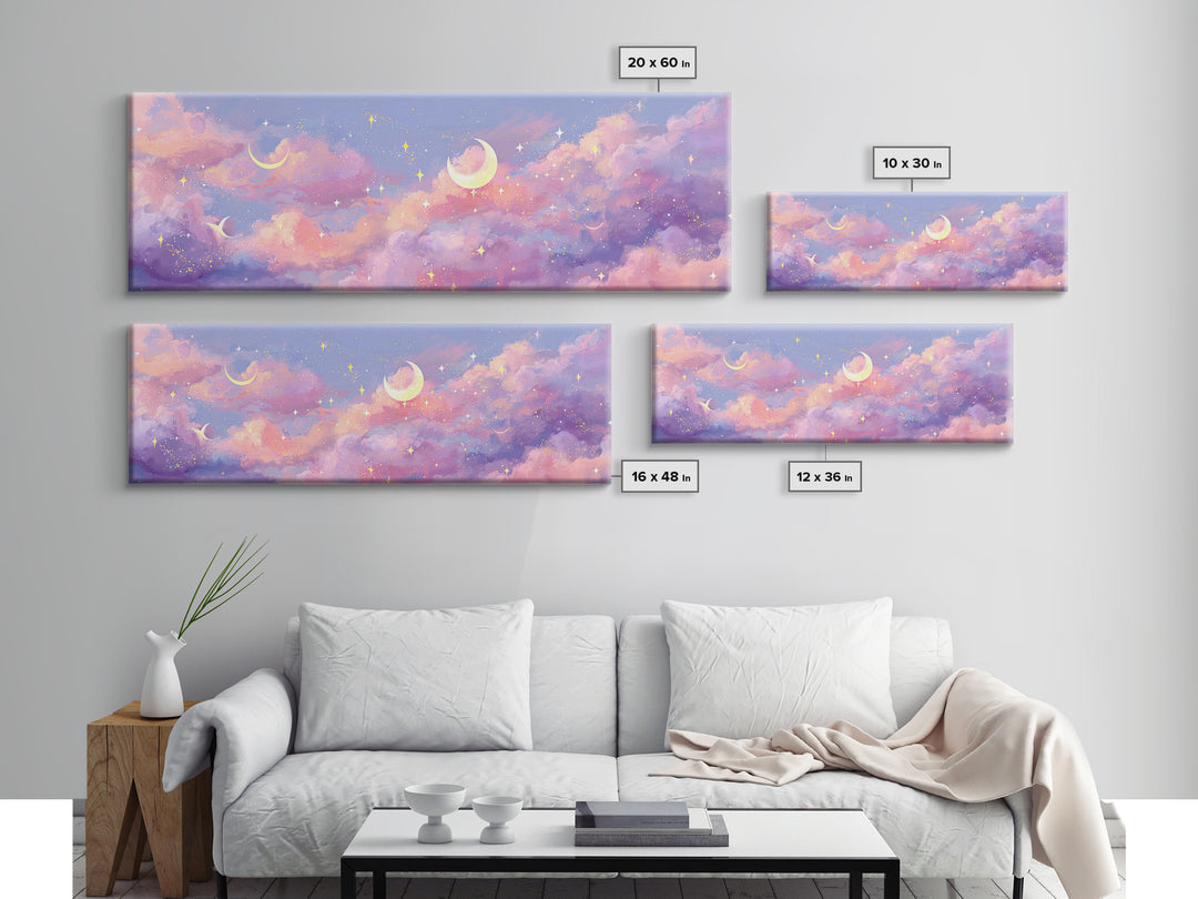 Pastel Crescent Moon Clouds Wall Art, Magical Celestial Nursery Decor, Whimsical Kids Room Print, Dreamy Bedroom Canvas Art