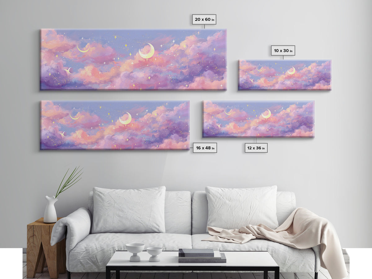 Pastel Crescent Moon Clouds Wall Art, Magical Celestial Nursery Decor, Whimsical Kids Room Print, Dreamy Bedroom Canvas Art