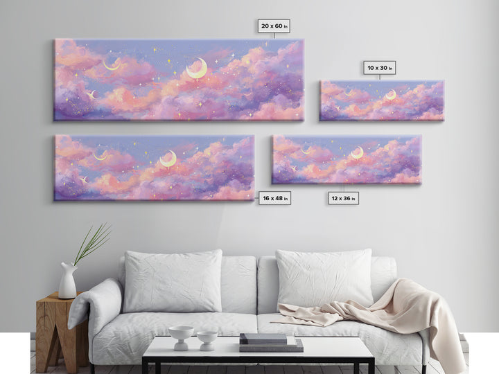 Pastel Crescent Moon Clouds Wall Art, Magical Celestial Nursery Decor, Whimsical Kids Room Print, Dreamy Bedroom Canvas Art