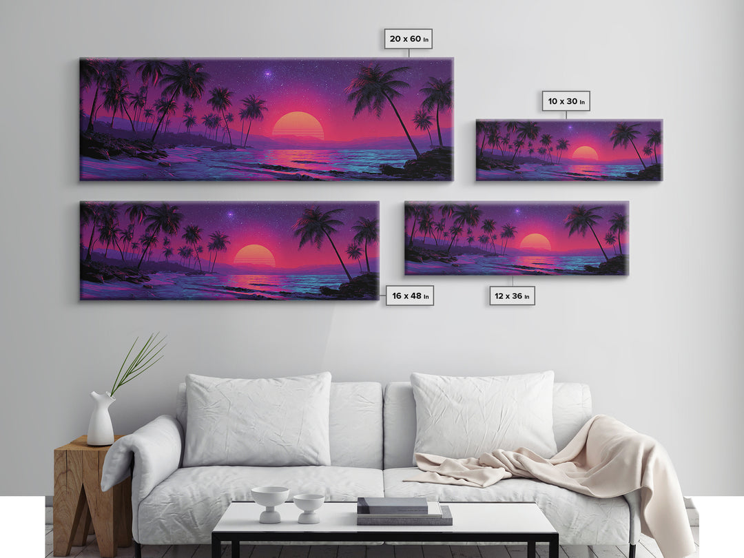 Neon Tropical Palm Beach Canvas Print, Retro Sunset Wall Art, Coastal Decor, Vaporwave Ocean Art Print, Summer Bedroom Art