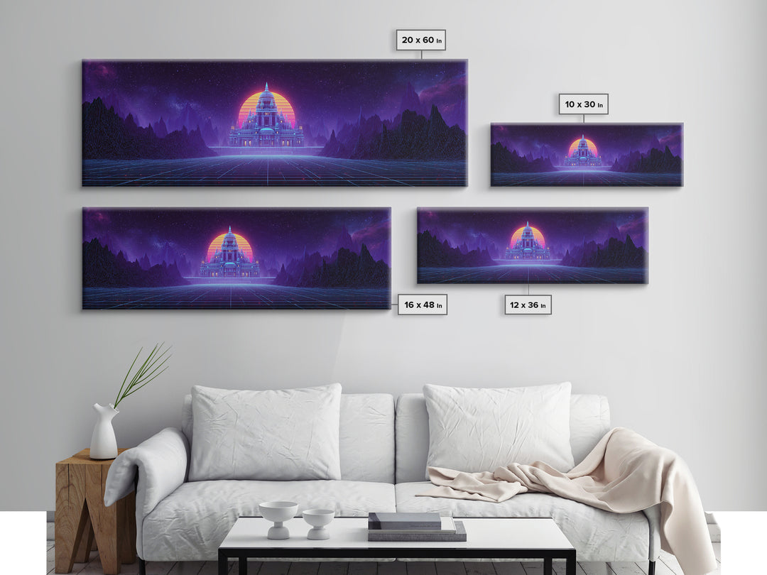 Neon Temple Beneath Cosmic Sunset Framed Canvas Print, Synthwave Wall Art, Futuristic Decor, Sci Fi Living Room Art, Home Decor