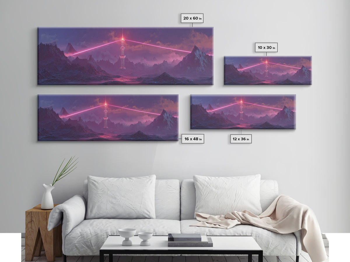 Cyberpunk Mountain Tower Canvas Print, Neon Sci Fi Wall Art, Futuristic Landscape Decor, Gaming Room Poster, Gift For Him