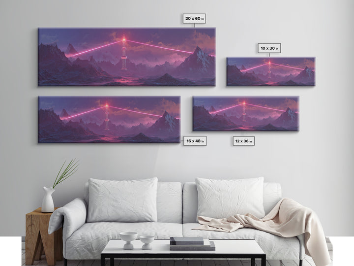 Cyberpunk Mountain Tower Canvas Print, Neon Sci Fi Wall Art, Futuristic Landscape Decor, Gaming Room Poster, Gift For Him