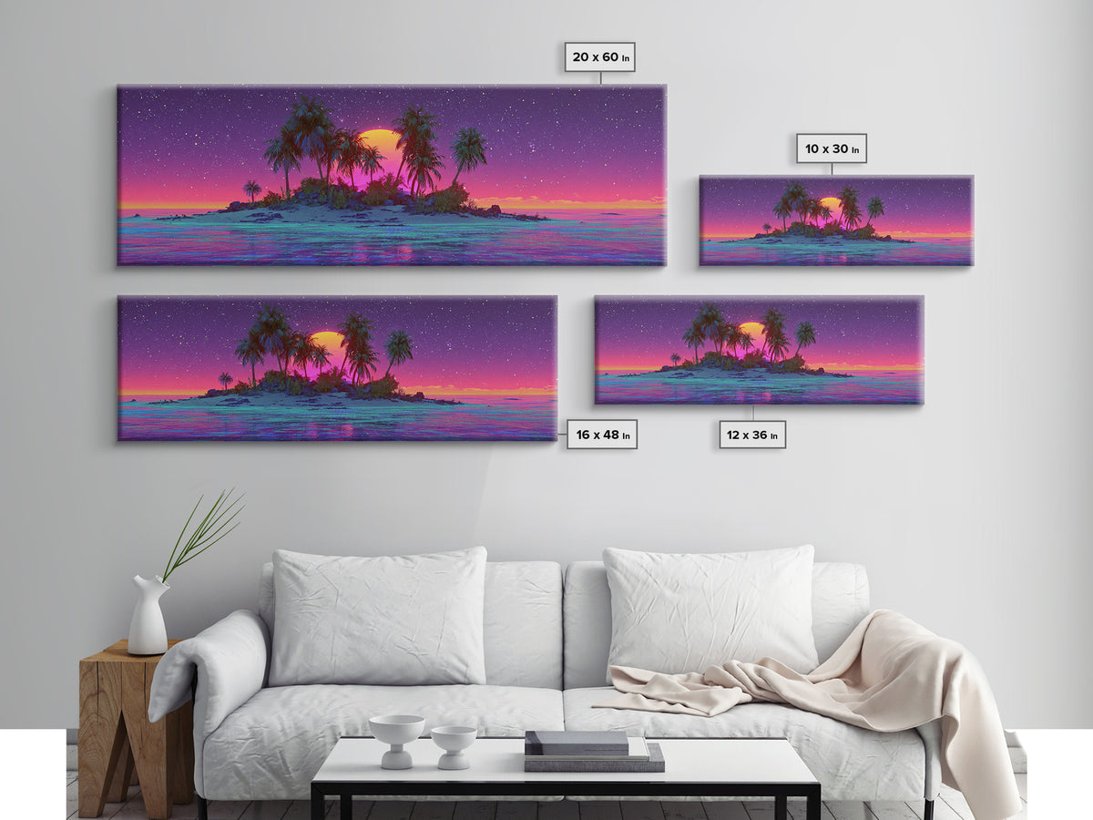 Neon Island Moonrise Wall Art, Starry Tropical Ocean Canvas Print, Purple Pink Coastal Decor, Fantasy Beach House Living Room Print