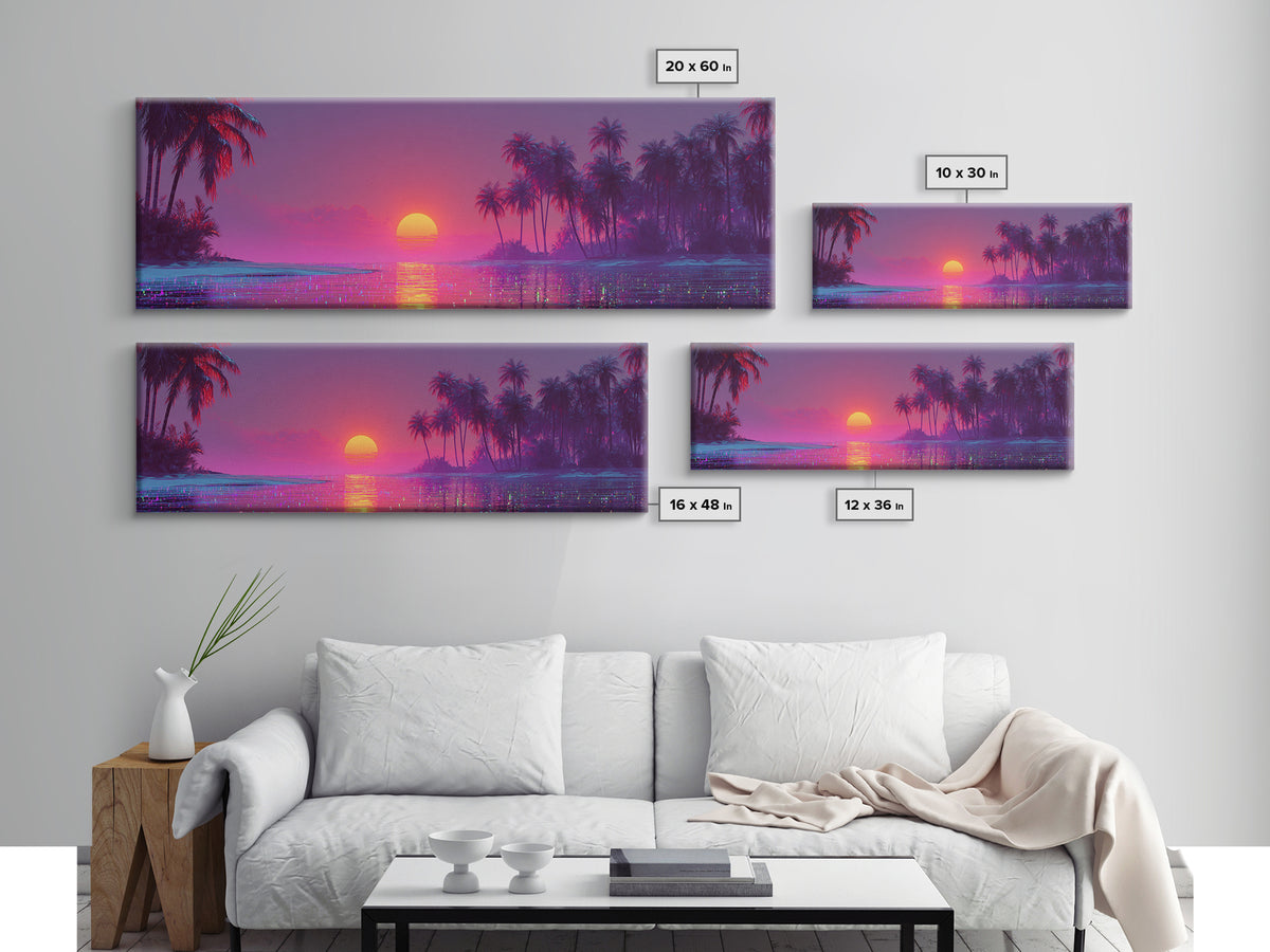 Pink Tropical Ocean Sunset Canvas Print, Palm Island Wall Art, Coastal Beach Decor, Large Vibrant Seascape Wall Art Print