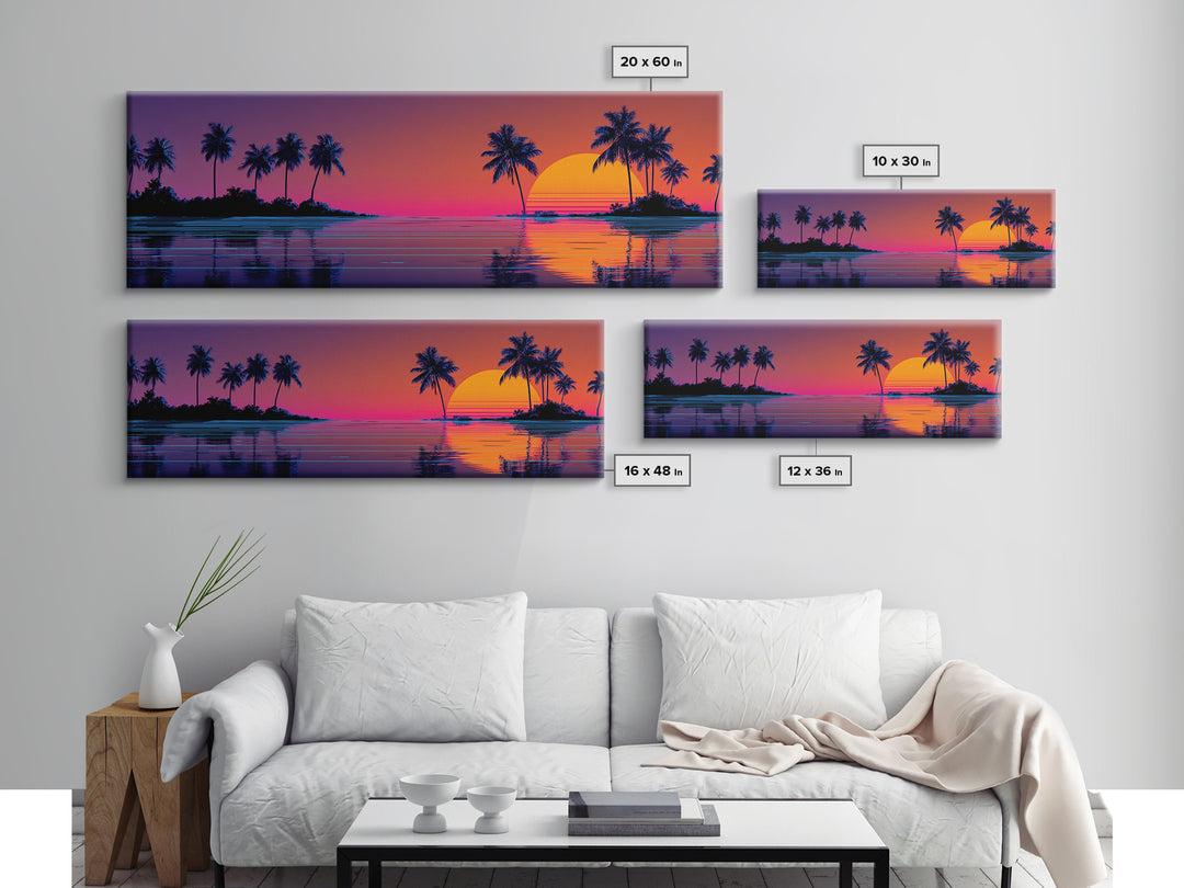 Tropical Island Sunset With Palm Trees Canvas Print, Retro Coastal Wall Art, Beach House Decor, Ocean Print For Living Room