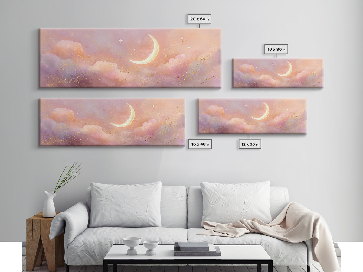 Peach Crescent Moon Over Pastel Clouds Framed Canvas Print, Celestial Wall Art, Soft Nursery Decor, Calming Bedroom Art Print