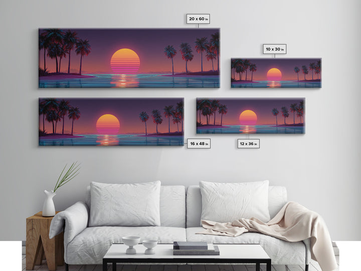 Retro Tropical Palm Sunset Wall Art, Vaporwave Beach Canvas Print, Neon Coastal Decor, 80s Aesthetic Room Decor, Gift For Him
