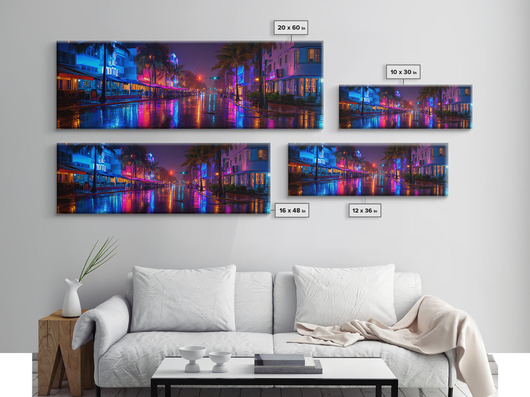 Rainy Neon Miami Street At Night Canvas Print, Cyberpunk City Wall Art, Urban Photography Decor For Modern Home Office Wall Decor