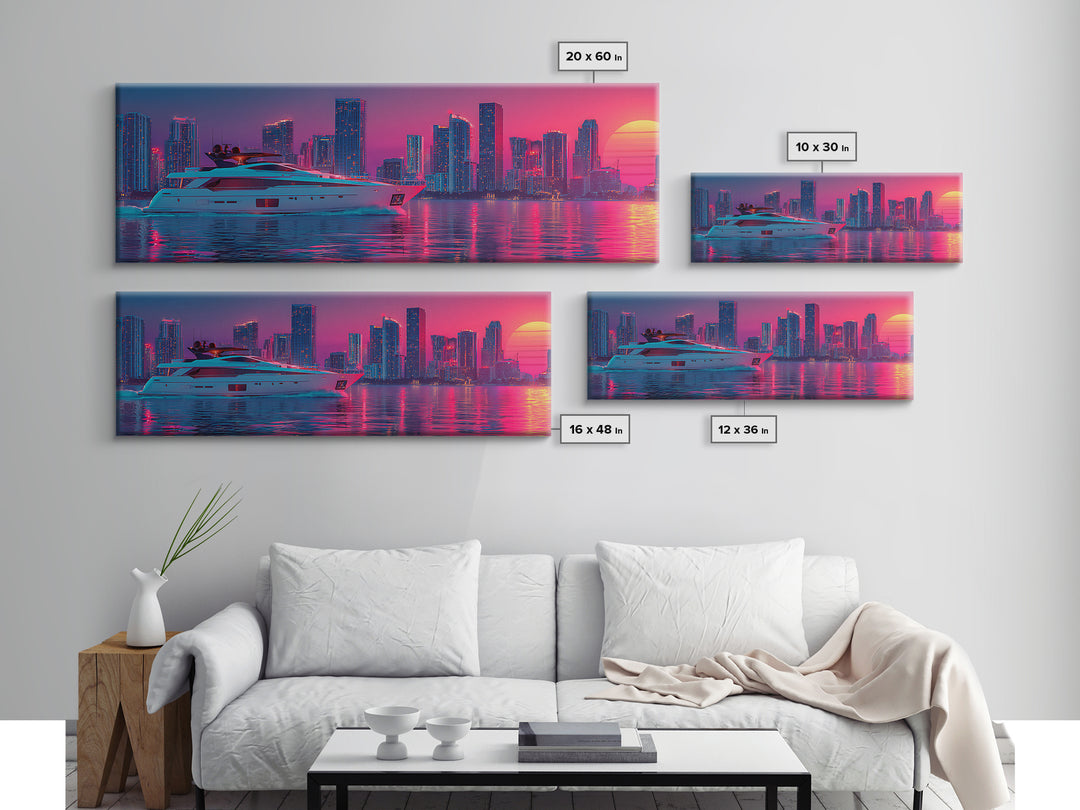 Neon Yacht And Miami Skyline Framed Canvas Print, Cyberpunk Coastal Wall Art, Vaporwave City Decor, Luxury Beach Poster Print