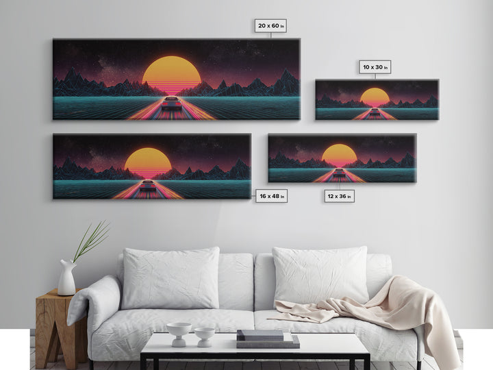 Retro Synthwave Car At Neon Sunset Canvas Print, Futuristic Wall Art, 80s Vaporwave Decor, Gaming Room, Gift For Him, Modern Home Decor