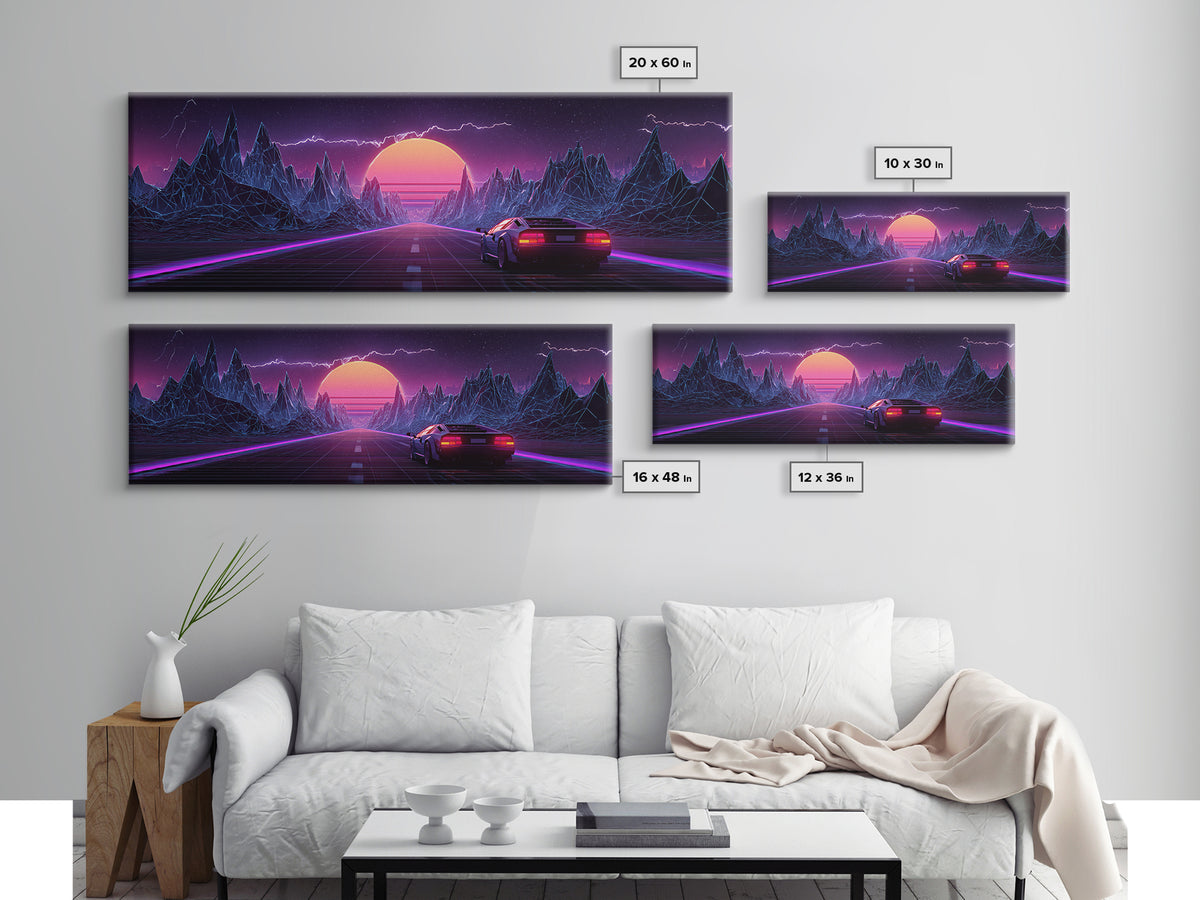 Synthwave Mountain Highway Canvas Print, Retro Futuristic Car Wall Art, Neon Gaming Room Decor, Vaporwave Poster, Cyberpunk Gift For Him
