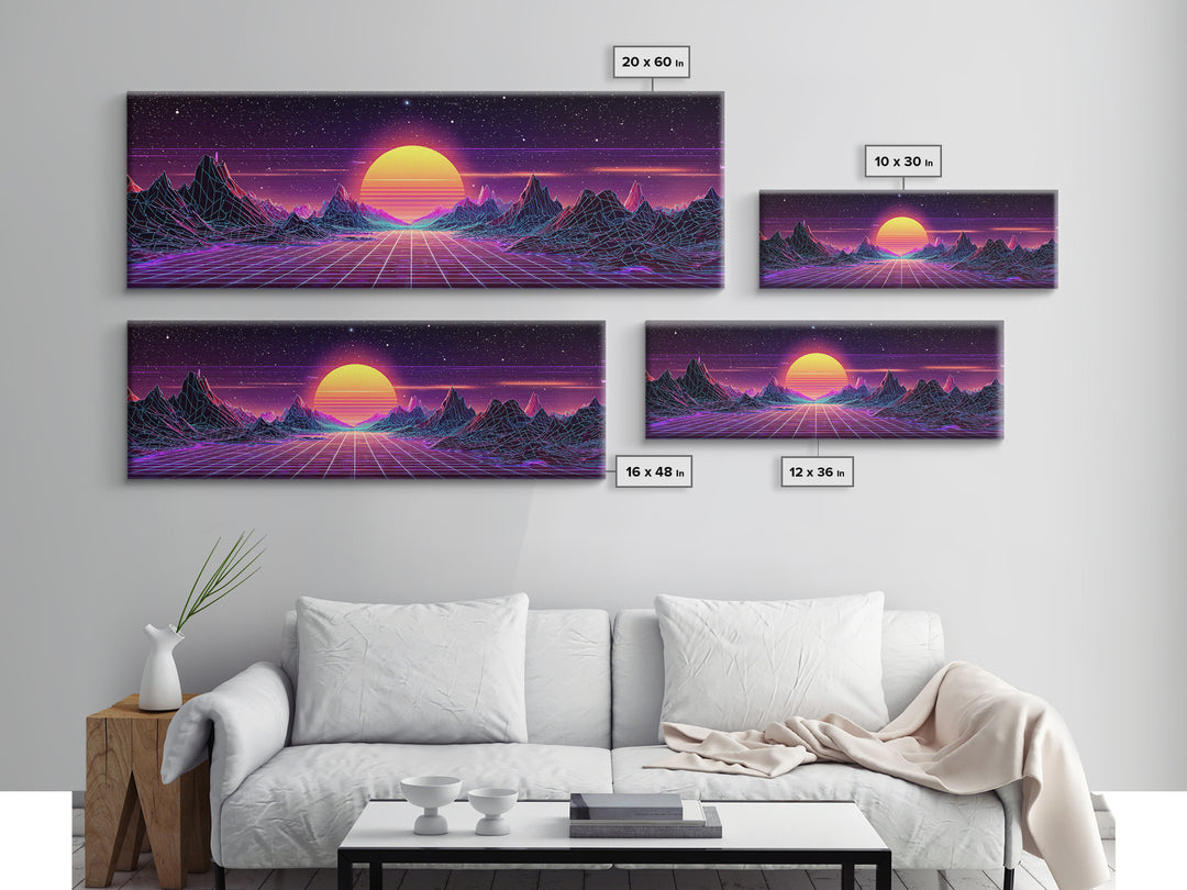 Retro Futuristic Mountain Grid Sunset Canvas Print, Synthwave Wall Art, Neon Vaporwave Decor For Game Room Or Dorm Room Decor
