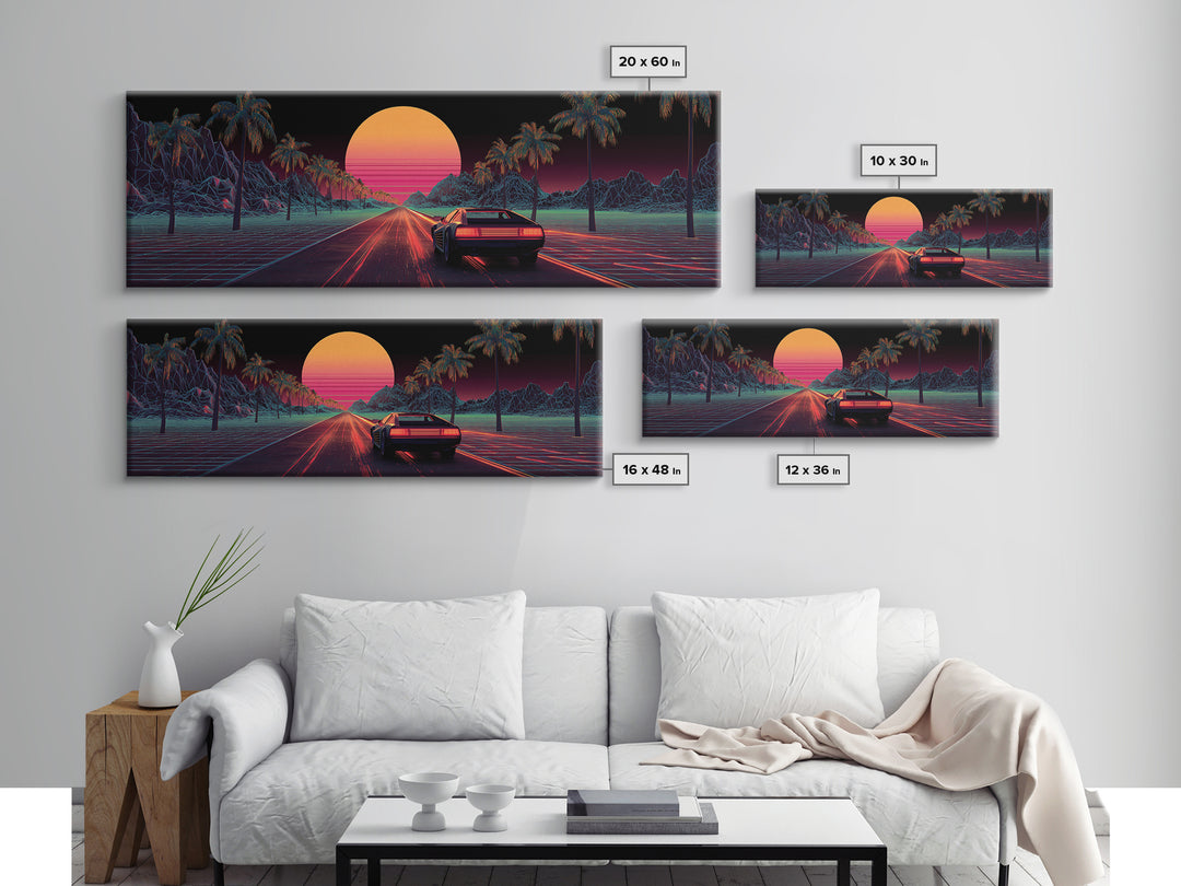 Retro Synthwave Car On Neon Palm Road Wall Art, 80s Vaporwave Canvas Print, Futuristic Cityscape Home Decor Poster For Living Room
