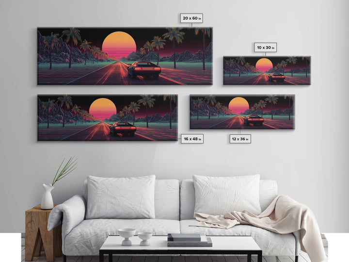 Retro Synthwave Car On Neon Palm Road Wall Art, 80s Vaporwave Canvas Print, Futuristic Cityscape Home Decor Poster For Living Room
