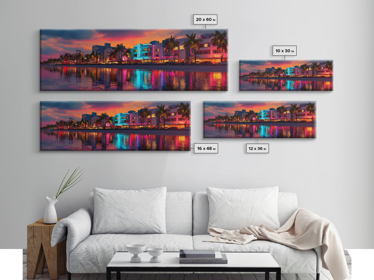 Vibrant Neon Miami Waterfront At Sunset Canvas Print, Tropical Palm City Wall Art, Coastal Home Decor, Art Deco Travel Poster Gift