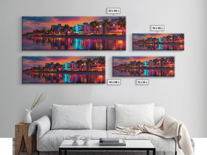 Vibrant Neon Miami Waterfront At Sunset Canvas Print, Tropical Palm City Wall Art, Coastal Home Decor, Art Deco Travel Poster Gift