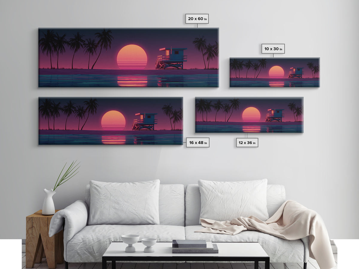 Retro Lifeguard Tower At Pink Sunset Framed Canvas Print, Coastal Beach Wall Art, Palm Tree Ocean Decor For Bedroom Or Living Room