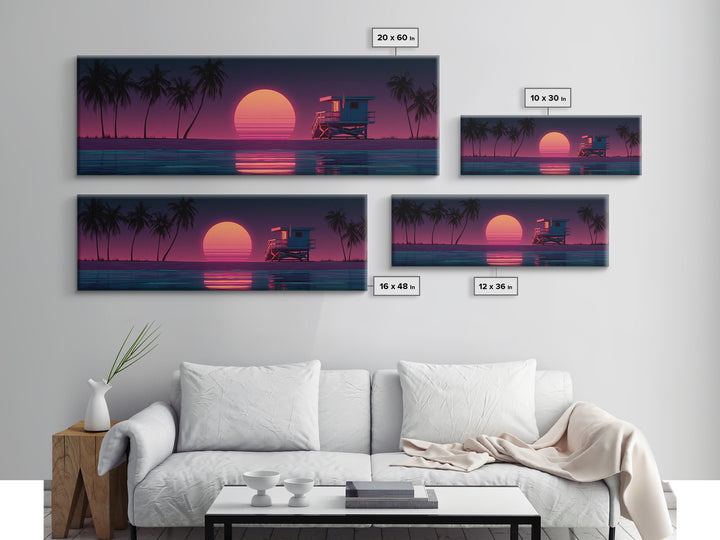 Retro Lifeguard Tower At Pink Sunset Framed Canvas Print, Coastal Beach Wall Art, Palm Tree Ocean Decor For Bedroom Or Living Room