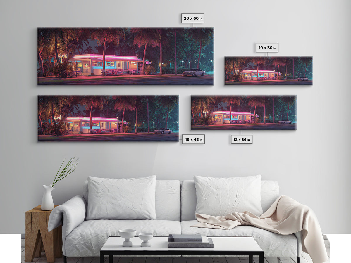 Neon Retro Diner At Night Framed Canvas Print, Cyberpunk Wall Art For Kitchen Bar Decor, Miami Vaporwave Home Decor Poster