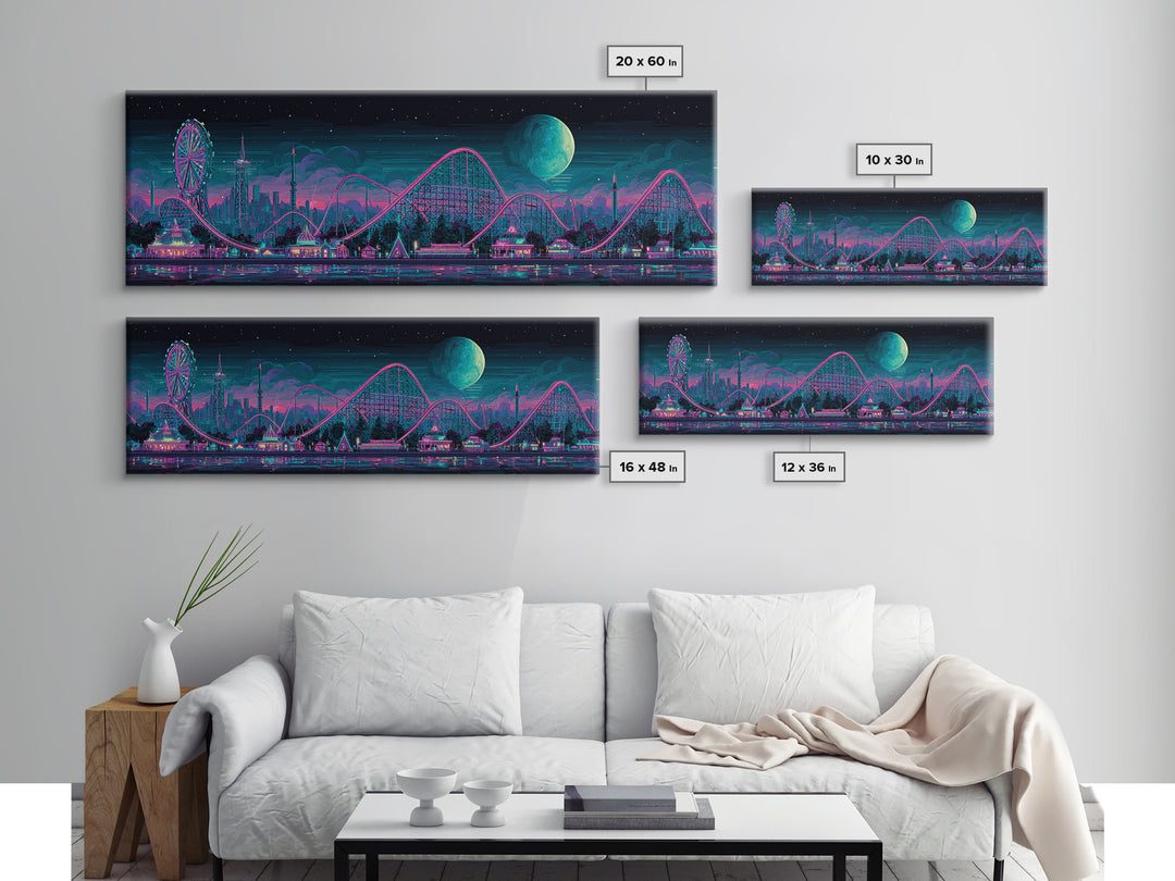 Neon Roller Coaster Park Canvas Print, Retro Futuristic Skyline With Moon, Modern Cyberpunk Neon City Game Room Wall Art Decor
