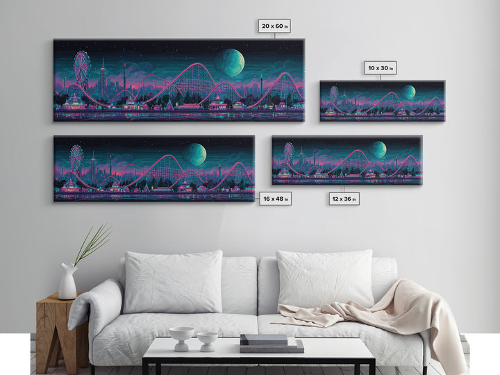 Neon Roller Coaster Park Canvas Print, Retro Futuristic Skyline With Moon, Modern Cyberpunk Neon City Game Room Wall Art Decor