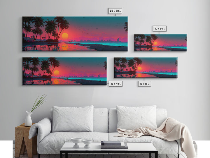 Neon Tropical City Beach Sunset Wall Art, Synthwave Ocean Skyline, Retro Futuristic Large Horizontal Coastal Living Room Decor