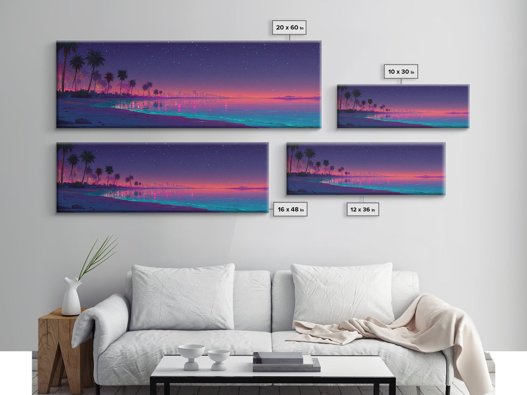 Neon Tropical Beach Skyline Under Stars, Coastal Canvas Print, Cityscape Wall Art, Beach House Decor, Modern Home Decor Print