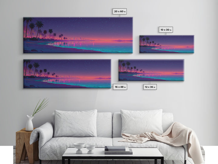 Neon Tropical Beach Skyline Under Stars, Coastal Canvas Print, Cityscape Wall Art, Beach House Decor, Modern Home Decor Print