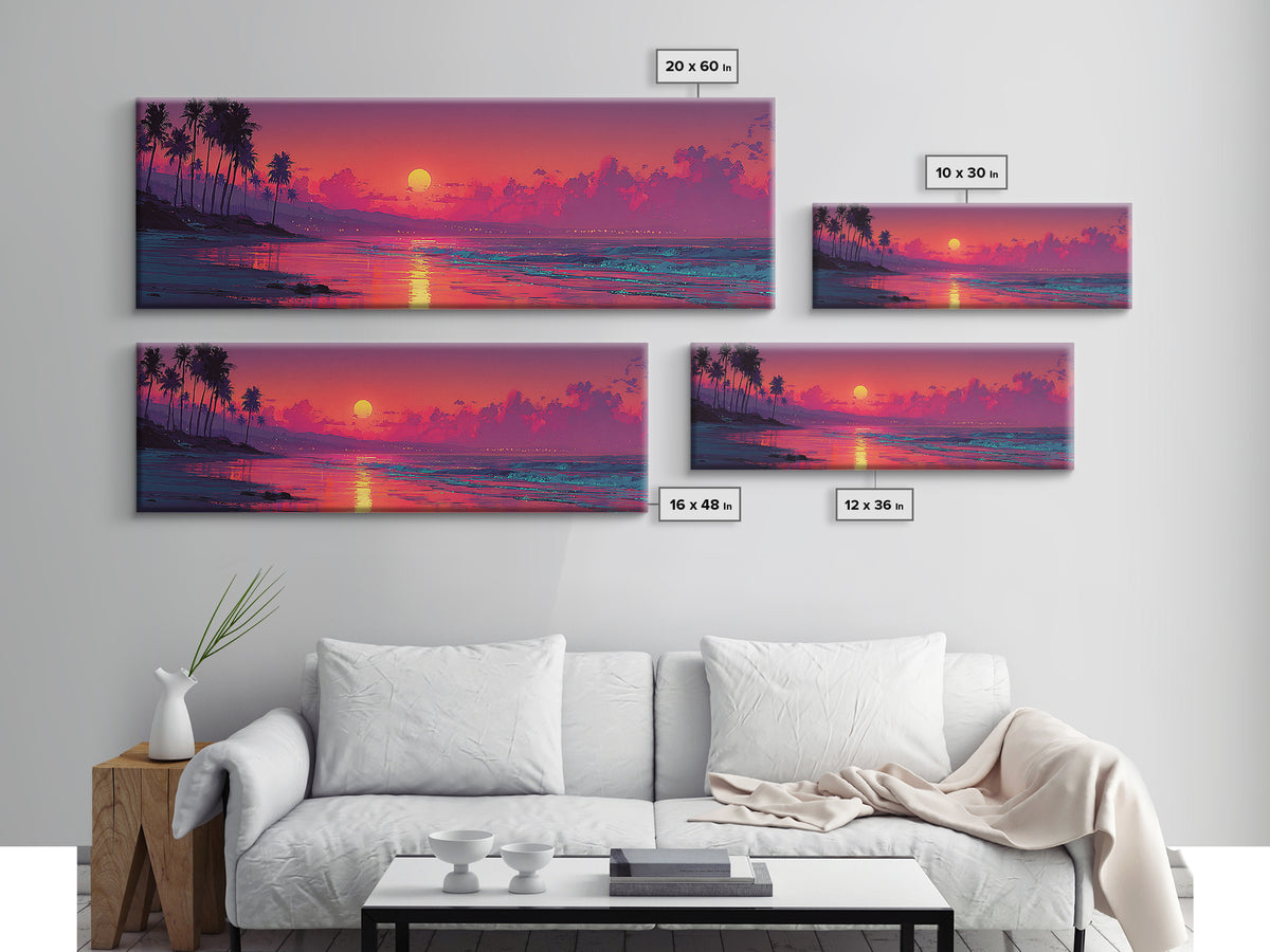 Magenta Tropical Beach Sunset Wall Art, Coastal Seascape Canvas Print, Palm Tree Decor, Summer Vibes, Living Room Poster