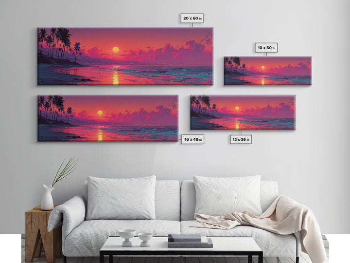 Magenta Tropical Beach Sunset Wall Art, Coastal Seascape Canvas Print, Palm Tree Decor, Summer Vibes, Living Room Poster