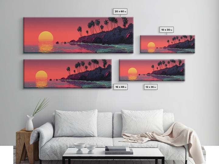 Retro Pixel Palm Beach Sunset Wall Art, Vaporwave Ocean Landscape Print, Tropical Coastal Decor, Long Horizontal Canvas Print