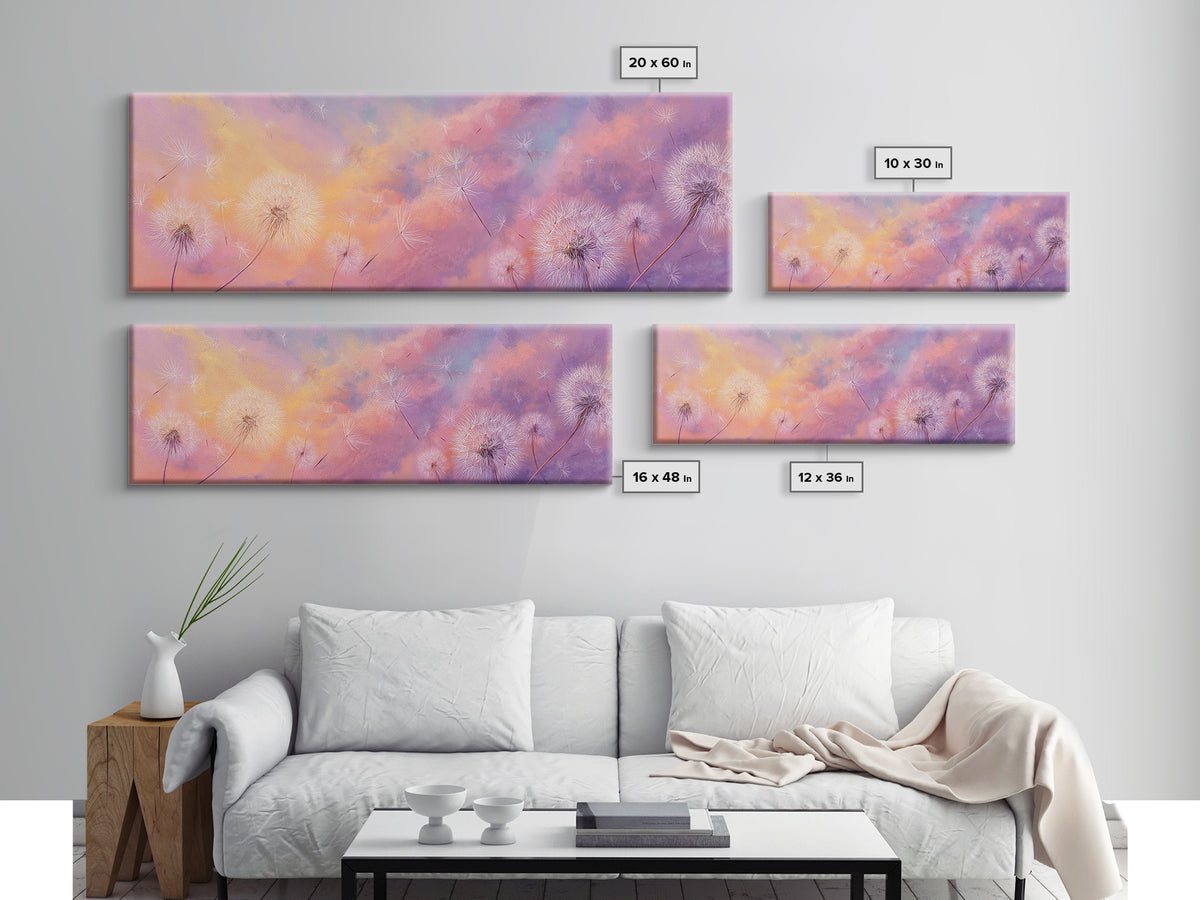 Pastel Dandelion Wishes Wall Art, Dreamy Wildflower Sky Print, Soft Floral Nursery Decor, Whimsical Bedroom Canvas Art, Gift For Her