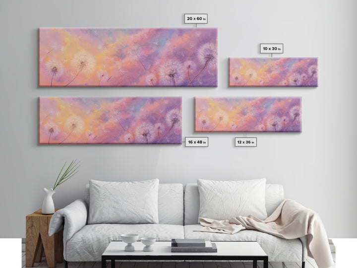 Pastel Dandelion Wishes Wall Art, Dreamy Wildflower Sky Print, Soft Floral Nursery Decor, Whimsical Bedroom Canvas Art, Gift For Her