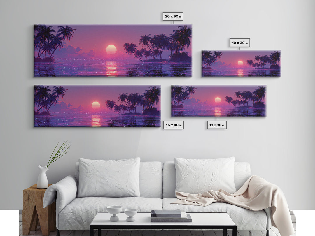 Retro Tropical Sunset Lagoon With Palm Trees Canvas Print, Vaporwave Ocean Wall Art, Coastal Decor, Beach House Gift For Her