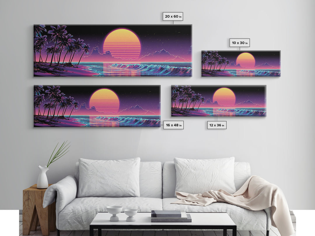 Neon Tropical Beach Sunset Canvas Print, Retro Palm Tree Ocean Wave Wall Decor, Vaporwave Coastal Art For Living Room Modern Home Decor