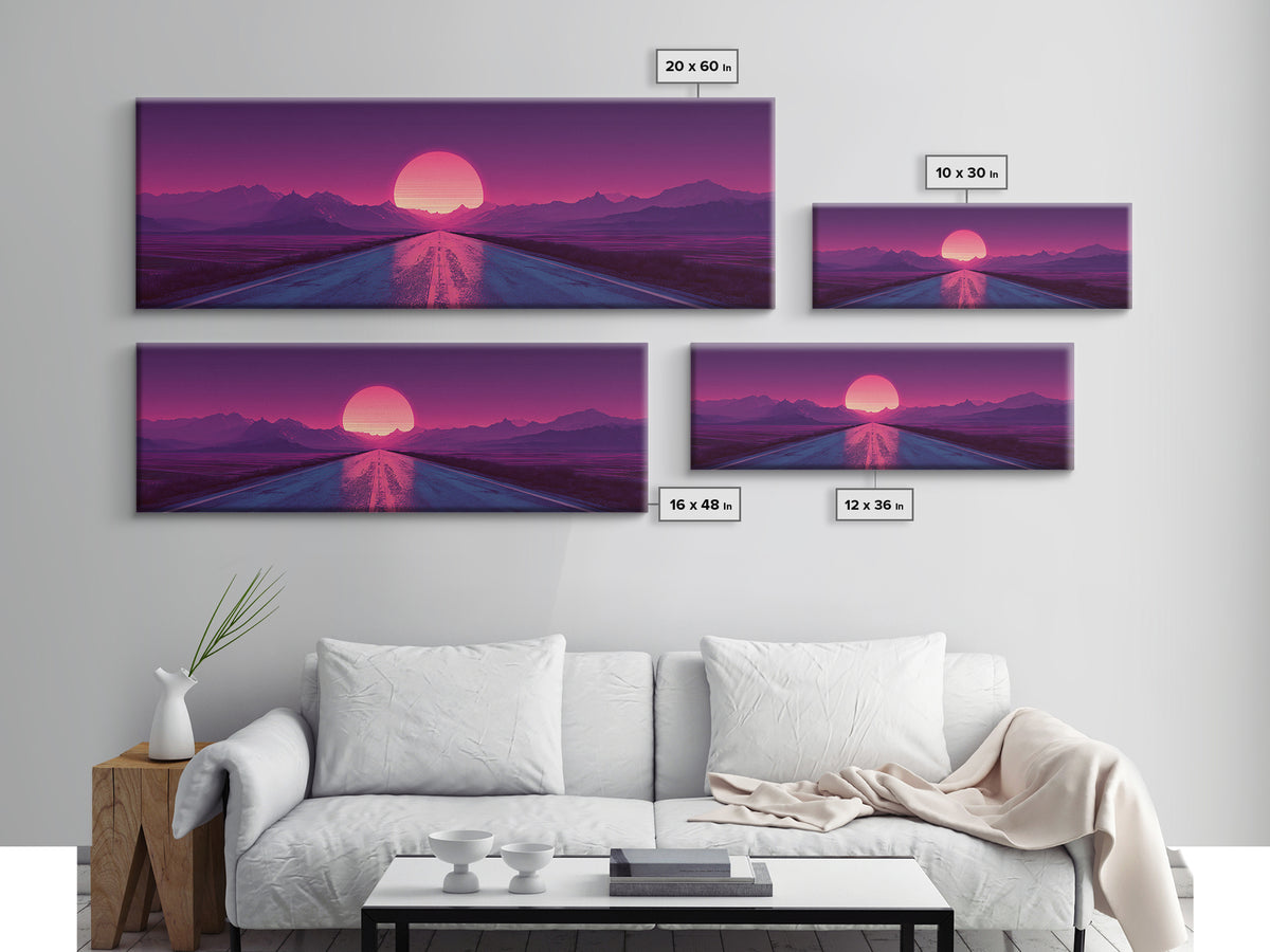 Magenta Desert Road Wall Art, Retro Futuristic Mountain Sunset Canvas Print, Synthwave Decor, Large Horizontal Wall Art Print