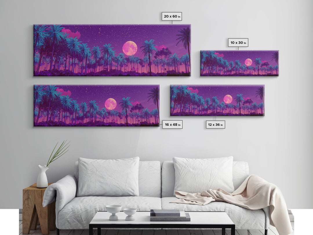 Magenta Moonlit Palm Forest Wall Art, Tropical Night Landscape, Celestial Decor, Purple Jungle, Boho Bedroom Wall Decor, Canvas Print