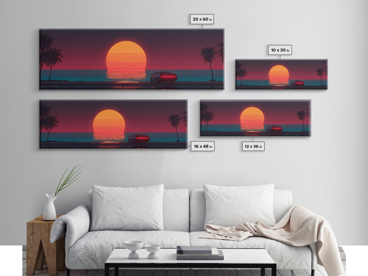 Retro Car At Neon Ocean Sunset Canvas Print, Synthwave Wall Art, Vaporwave Beach Decor, Masculine Office Art Gift For Him