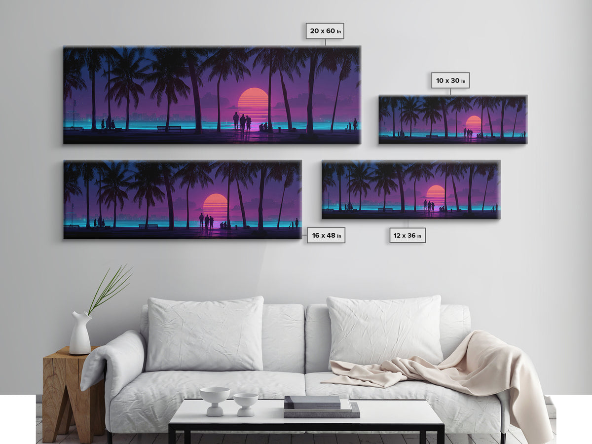 Retro Tropical Beach Sunset Canvas Print, Palm Tree Wall Art, Coastal Wall Decor, Purple Pink Modern Bedroom Wall Art Print