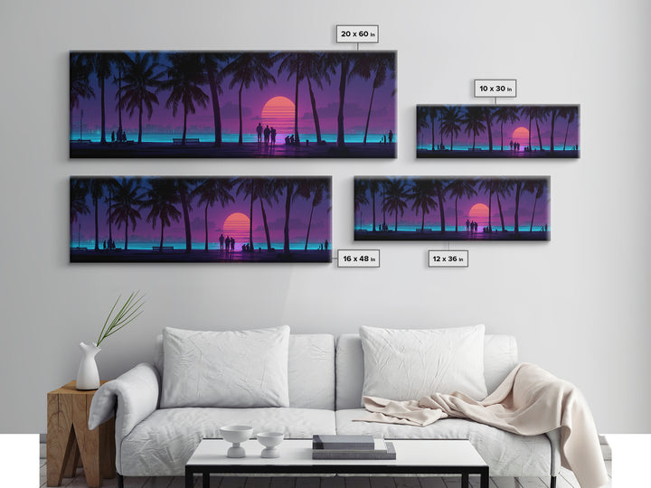 Retro Tropical Beach Sunset Canvas Print, Palm Tree Wall Art, Coastal Wall Decor, Purple Pink Modern Bedroom Wall Art Print