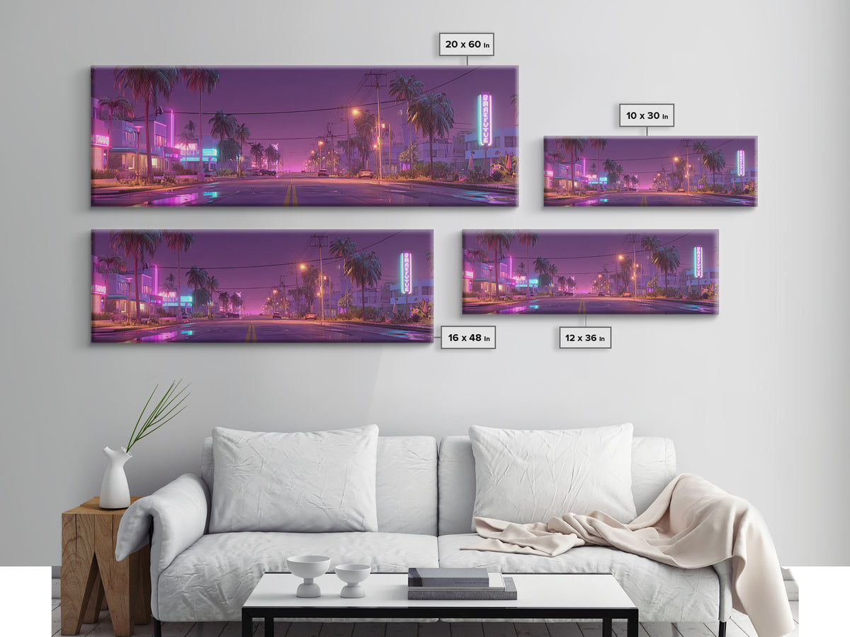 Neon Palm Street At Dusk Canvas Print, Retro Miami Cityscape, Cyberpunk Wall Art, Vaporwave Decor For Living Room Modern Home Decor