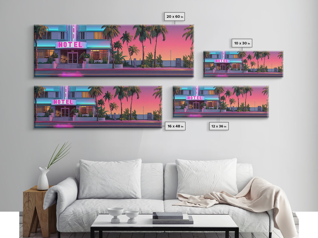 Neon Pink Hotel Facade Wall Art, Retro Miami Palm Canvas Print, Tropical Travel Poster Decor, Coastal Motel Room Print Home Decor Gift