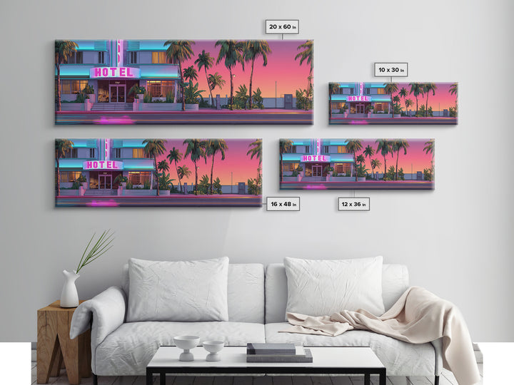 Neon Pink Hotel Facade Wall Art, Retro Miami Palm Canvas Print, Tropical Travel Poster Decor, Coastal Motel Room Print Home Decor Gift