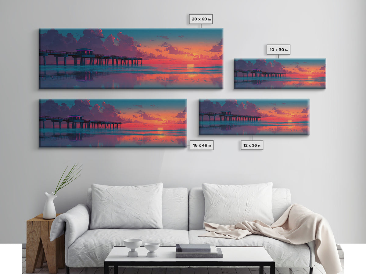 Sunset Pier Ocean Reflection Canvas Print, Coastal Wall Art, Beach House Decor, Seascape Painting, Nautical Living Room Art
