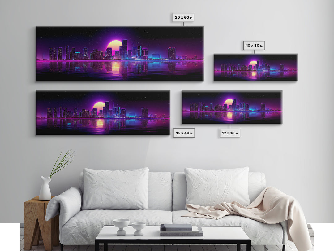 Neon City Skyline Moonrise Canvas Print, Purple Cyberpunk Wall Art, Miami Nightscape, Vaporwave Living Room Modern Home Decor