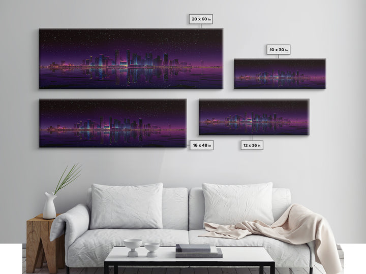 Starry Purple City Skyline Canvas Print, Panoramic Urban Night Wall Art, Modern Office Decor, Large Cityscape Poster Print