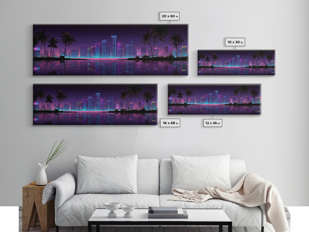 Neon Tropical City Skyline Canvas Print, Cyberpunk Wall Art With Palm Trees, Vaporwave Decor For Gaming Room And Apartment Decor